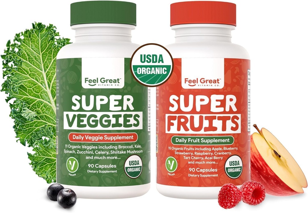Büyük USDA Organik Meyve ve Sebze Supplements | Doğal Enerji Desteği için 20+ Süper Kırmızılar ve Yeşiller | Vegan Meyve ve Veggie Vitaminleri | 90 Kont