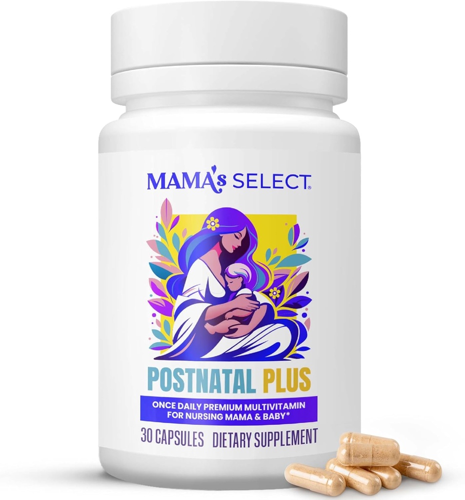 Mama's Select Μεταγεννητικές Βιταμίνες – Ενισχύει την αποκατάσταση μαλλιών, την παροχή γάλακτος, & την ευεξία – αλλεργιογόνο, Vegan, MTHFR Φιλικές, μεθυλιωμένες Φολικό & Β Βιταμίνες, Easy-to-Swallow, No Biotin - 30 Κάψουλες