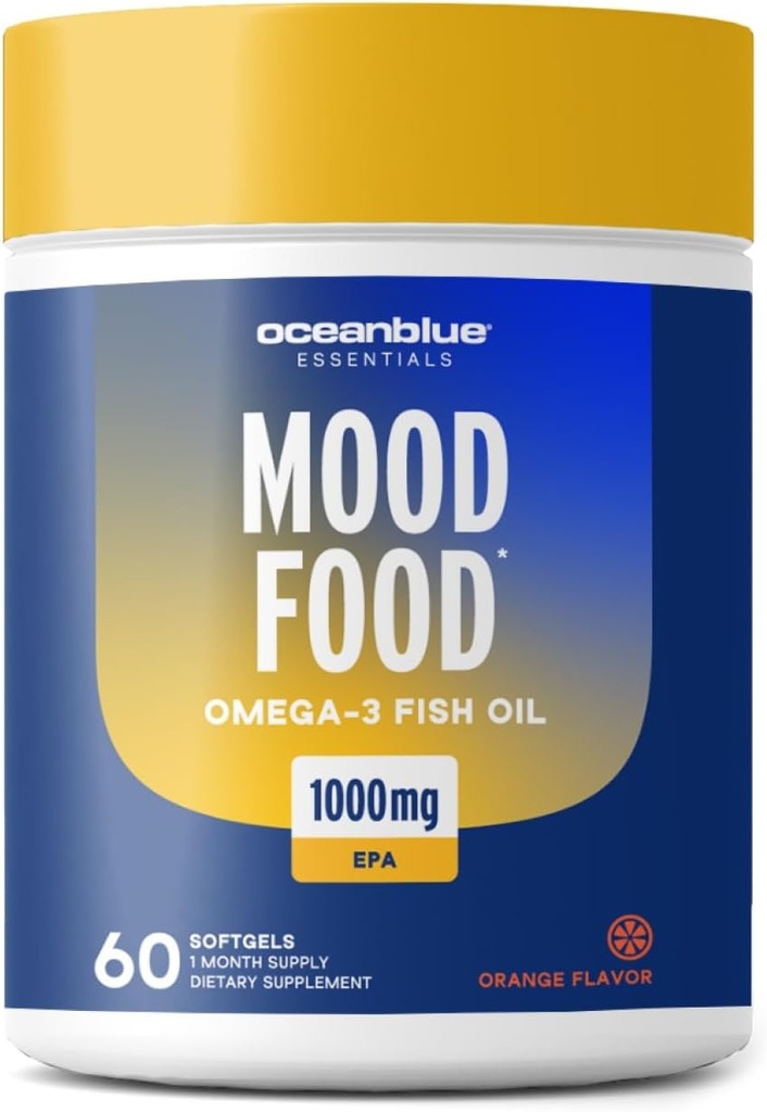 Oceanblue Essentials Mood Food Omega 3 | Triple Strength Fish Oil 1000mg EPA for Mood Support | Burpless Mini Softgels | Heart Health, Non-GMO (60) Count