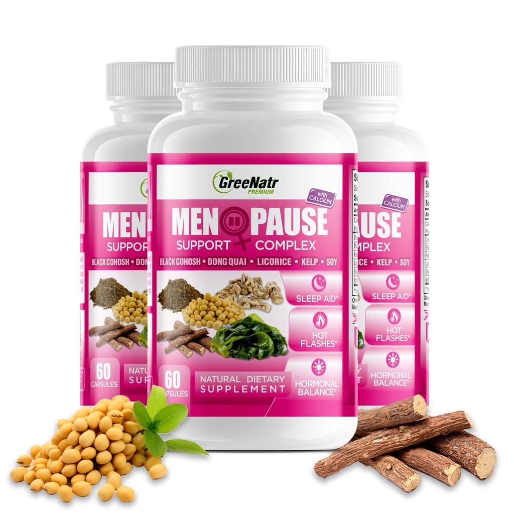 GreeNatr Menopause Supplements for Women - Perimenopause Supplements Women with Dong Quai & Black Cohosh for Menopause Hot Flashes - Menopause Support for Sleep Quality & Hormon Balance - 3 Şişes