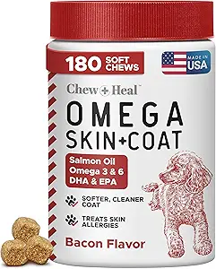 Omega for Dogs - 180 Delicious Soft Chews - Salmon Oil Treats for Skin and Coat, Itch Relief - Fish Oil Blend of Essential Fatty Acids, Omega 3, 6, and 9, and Vitamins - Smoked Bacon Flavor