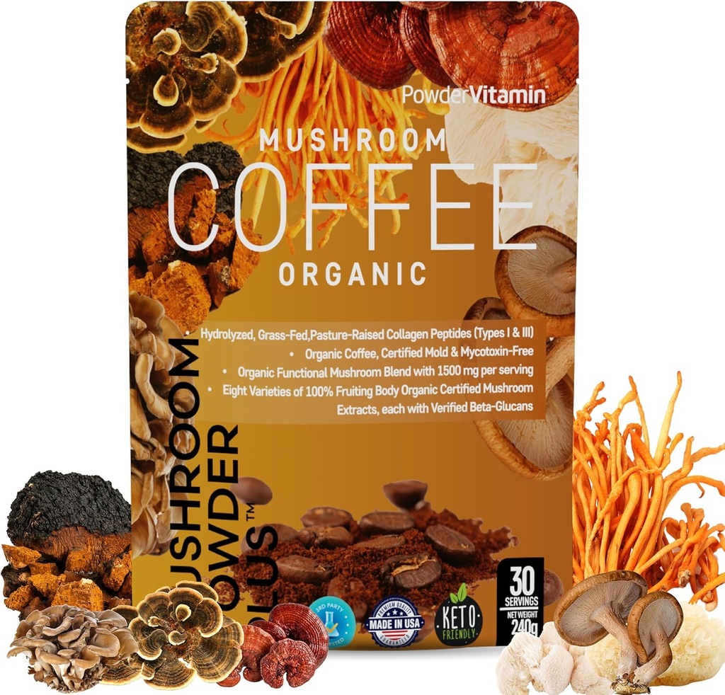 ΣκόνηΒιταμίνη Βιολογικός καφές Mushroom Certified Mold & Mycotoxin-free GrassFed Collagen Τύποι I & III 8 Φρουτώδη Μανιτάρια Σώμα Δοκιμάστηκε για Beta-Glucans Focus Energy Digetion & Ανοσία 30 Υπηρεσίες