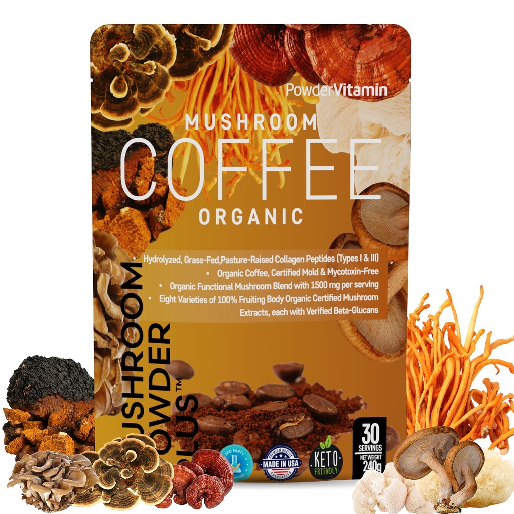 TozVitamin Organik Mushroom Kahve Onaylı Moldova-Free GrassFed Collagen Tip I & III 8 Meyveli Vücut Mushrooms Beta-Glucans Focus Energy Digestion & Immunity 30 Hizmetler