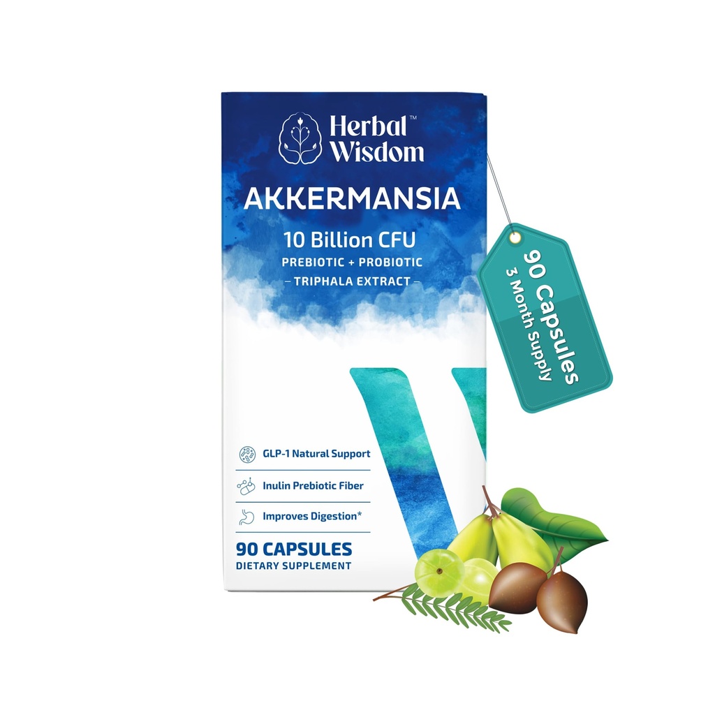 Akkermansia Probiotic 10 Billion CFU - Advanced GLP-1 Support, Probiotic+Prebiotic | for Gut & Metabolism Support - No Bloating | with Inulin & Triphala | (90 Capsules - 3 Month Supply)