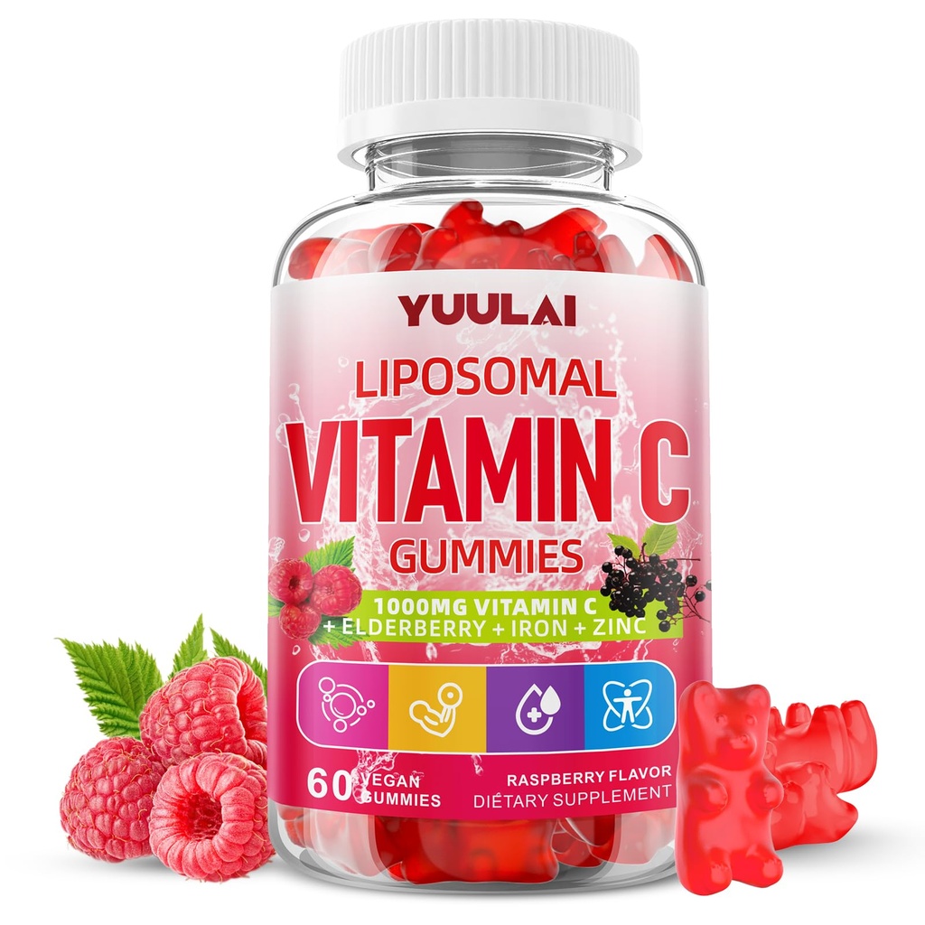 Liposomal Vitamin C 1000mg Gummies for Adults, Vitamin C Chewable with Iron, Zinc & Elderberry for Immune Support & Energy, Sugar Free, RaspberryFlavor, 60 Count