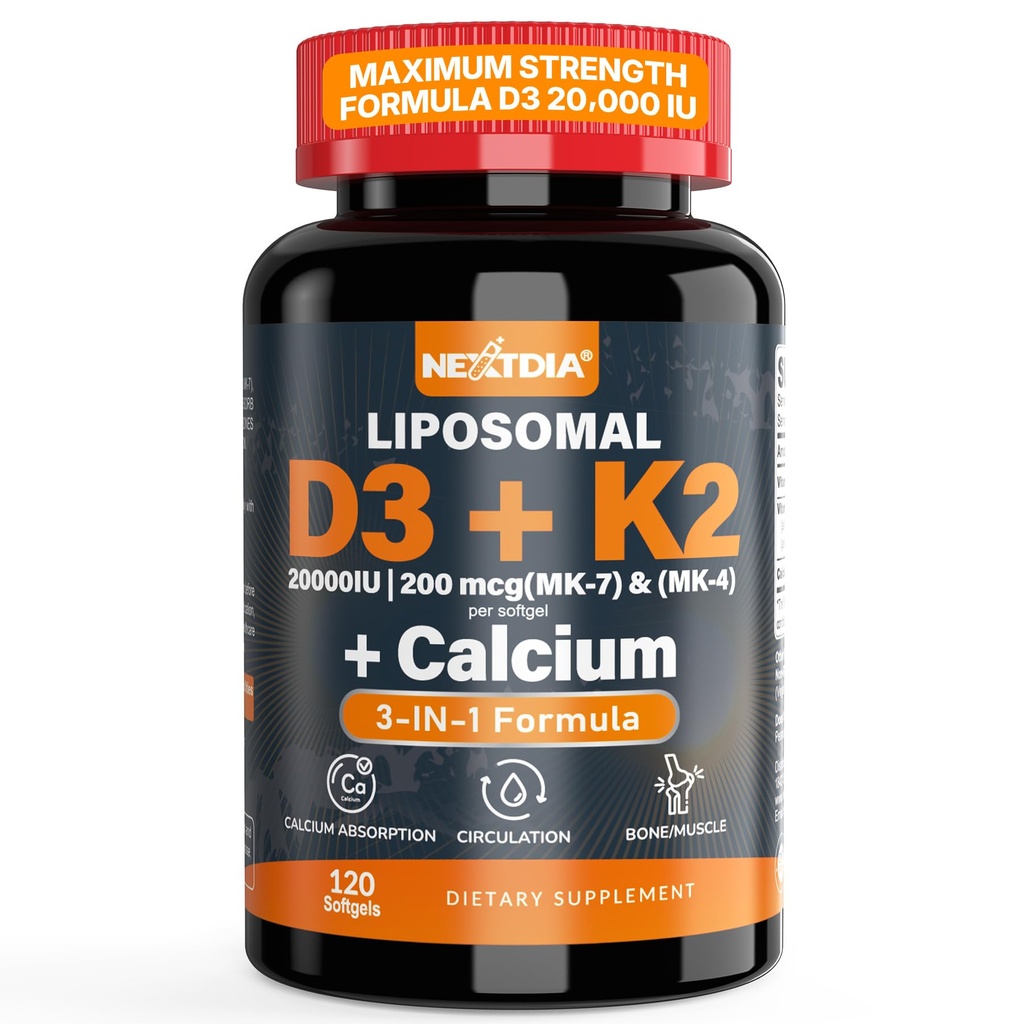 Βιταμίνη D3 20.000 IU + Βιταμίνη K2( MK7 )200mcg - Βέλτιστη Βιταμίνη D3 & K2 Softgel - Ισχυρά οστά & μύες, Απορρόφηση ασβεστίου & Ανοσοποιητική υποστήριξη, Βοηθώντας Ανεπάρκειες βιταμίνης D, Εύκολο στην κατάποση, Μη ΓΤΟ