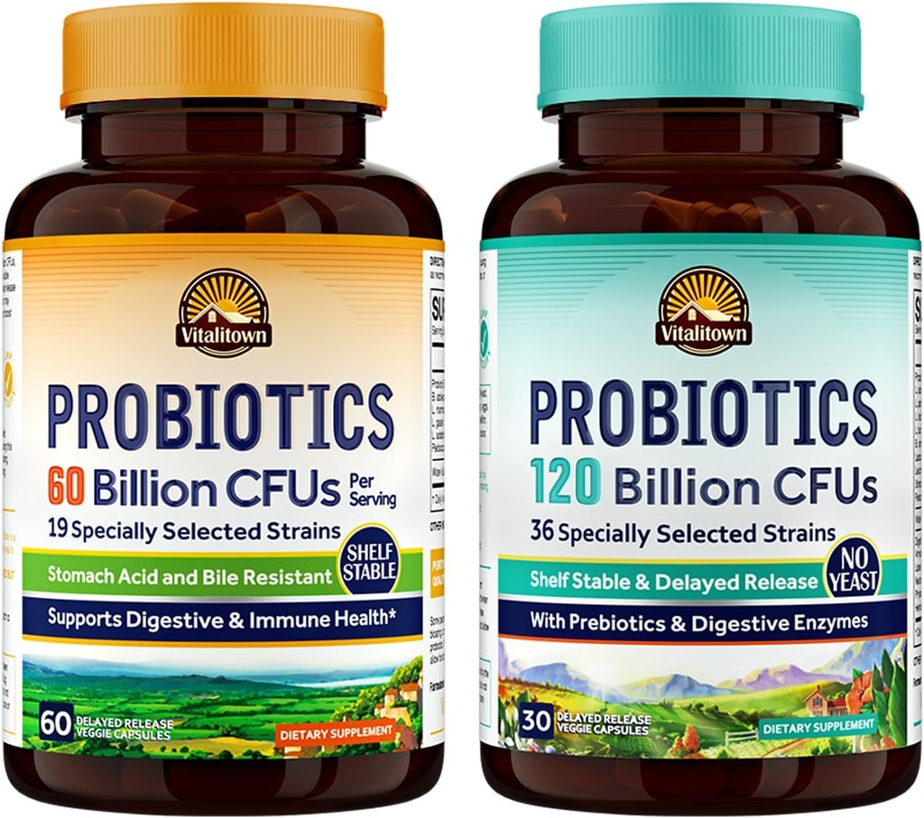 Vitalitown Probiyotik Sche (Pack of 2) | Probiyotiks 60 Milyar CFUs (Item 1) & Probiyotiks 120 Milyar CFUs (Item 2) | Raf Stable | Digestive & Immune Health | 30 Day Supply each