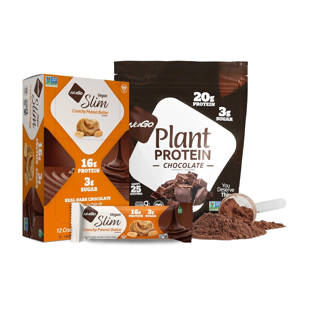 NuGo Slim Dark Chocolate Crunchy Peanut Butter, 17g Vegan Protein, 3g Sugar, 12 Kont ve NuGo Plant Protein Toz, 20g Protein, 3g Sugar, 25 Servisler