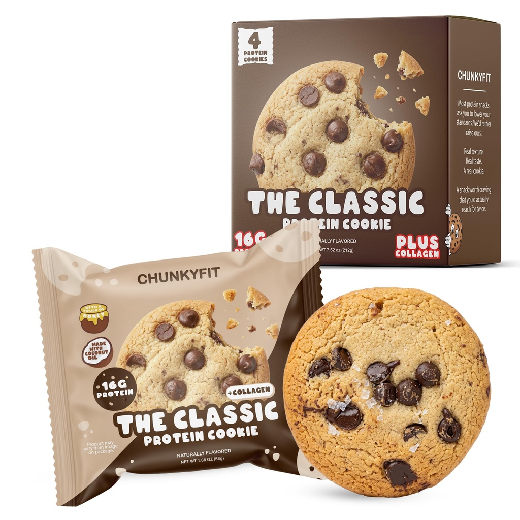 CHUNKYFIT Chocolate Chip Protein Cookie - Made with Coconut Oil, Collagen, 16g Protein and a Touch of Honey, Soft Baked Balanced Snack, Good for Post Workout Recovery - 1.88 OZ - 4 Pack