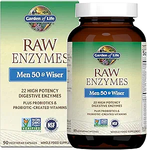 The Garden of Life 22 Digestive Enzymes for Men 50 & Over with Bromelain, Papain & Lactase Plus Probiyotiks & Vitamins B12, Biotin & çinko – RAW Enzymes – Non – GMO, Gluten-Free, Vegetarian, 90