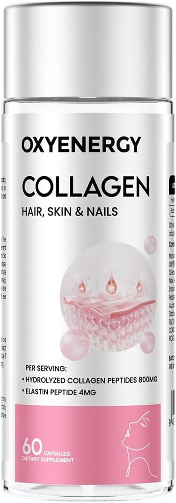 OxyEnergy Collagen Peptides Κάψουλες για γυναίκες, 800mg Hydrolyzed Collagen (Τύποι I) Συμπληρώματα με Elastin Peptides, 60 χάπια Collagen για την προώθηση των μαλλιών, νυχιών, δέρματος, Colágeno en Capsulas