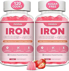 Vegan 2 Pack Iron Supplement Gummies for Women & Men, Anemi, Blood Builder & Energy Support for Iron Deficiency, C, A, B Kompleksi, Folate, CoQ10, Sugar Free, Non-GMO, 120 Kont