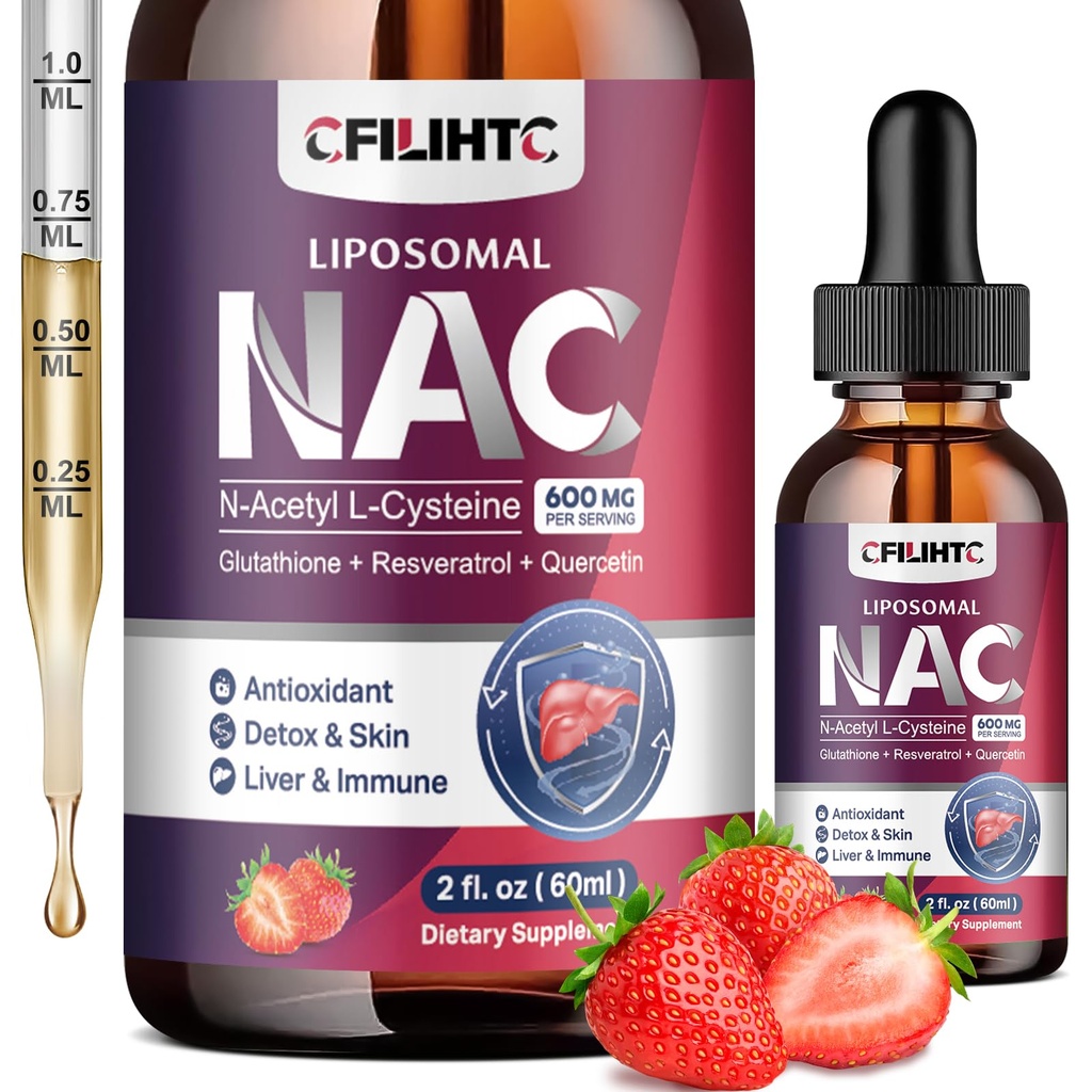 Liposomal Liquid NAC Supplement N-Acetyl Cysteine Drops, N Acetyl Cysteine 600mg with Glutathione, Resveratrol & Zinc for Adults & Kids Liver Lung Antioxidant Immune & Skin Health, Strawberry 2 Fl Oz