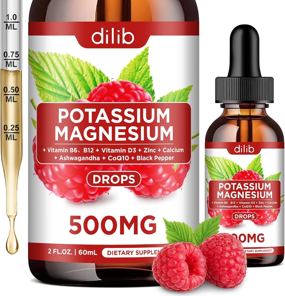 Potasyum Magnezyum Citrate Supplement, Sıvı Citrate Drops 500 mg with Ashwagandha, Macau, Vitamin D3, B6, B12, CoQ10 - Vegan 2 fl oz Raspberry Flavor