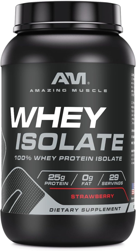 Amazing Muscle Whey Protein Isolate Powder | 25 Grams Protein Per Serving | 100% Whey Isolate | Zero Fat | Made in USA (2 Lb, Strawberry)