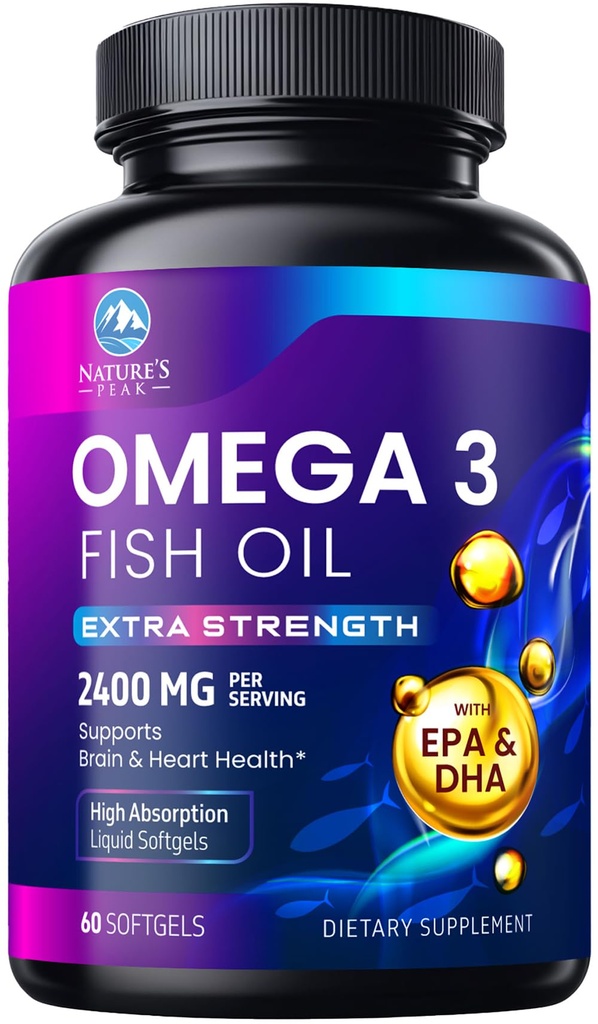Ωμέγα 3 Fish Oil 2400 mg συμπλήρωμα, επαρκώς πηγασμένη, τριπλή δύναμη Omega-3 συμπλήρωμα Softgels, Brain Health Support, EPA & DHA Fish Oil λιπαρά οξέα συμπληρώματα, γλουτένη & GMO δωρεάν, 60 Softgels