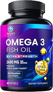 Omega 3 Fish Oil 2400 mg Supplement, Sustainable Sourced, Triple Strength Omega-3 Supplement Softgels, Brain Health Support, EPA & DHA Fish Oil Fatty Acids Supplements, Gluten & GMO Free, 60 Softgels