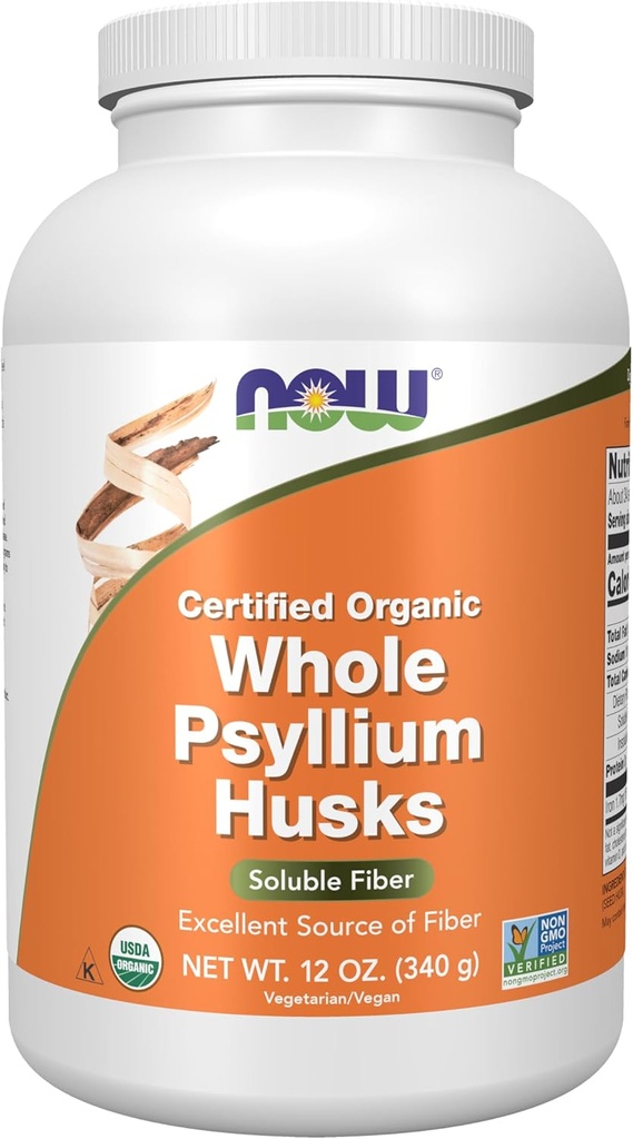 NOW Συμπληρώματα τροφίμων, ολόκληρο το Psyllium Husks, πιστοποιημένο οργανικό, μη ΓΤΟ έργο Επαληθευμένο, διαλυτές ίνες, 12-Ounce