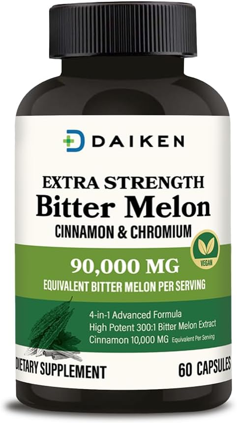 DAIKEN Bitter Melon, Cinnamon & Chromium, 90.000 mg Equivalent Per Ekstra Güçlü,% 100 Vegetarian Bitter Melon Capsules with Cinnamon Chromium & çinko, 60 Capsules