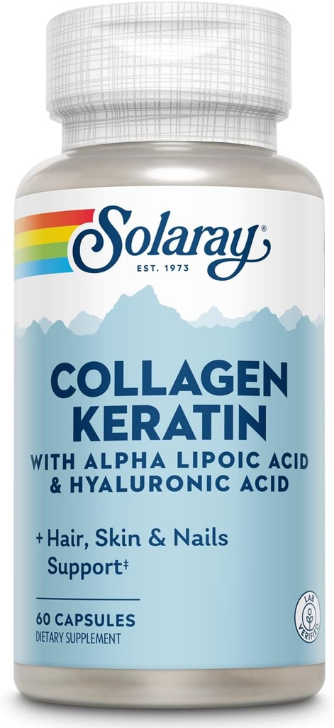SOLARAY Κολλαγόνο Κερατίνης με Άλφα Λιποϊκό Οξύ και Υαλουρονικό Οξύ - τύπου I, II και III χάπια κολλαγόνου - Μαλλιά, δέρμα, νύχια, και Κοινή Υποστήριξη Υγείας - 30 Υπηρεσίες, 60 κάψουλες
