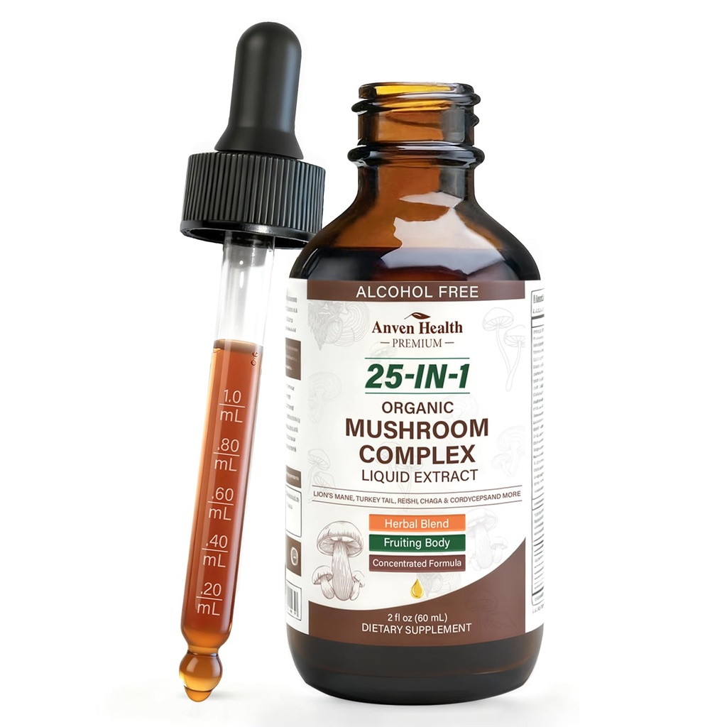 25-in-1 Mushroom Complex Supplement Liquid Drops with Ashwagandha, Lion's Mane, Reishi, Chaga, Cordyceps, Turkey Tail Tincture for Immunity, Energy & Cognition - Non-GMO | 2fl oz