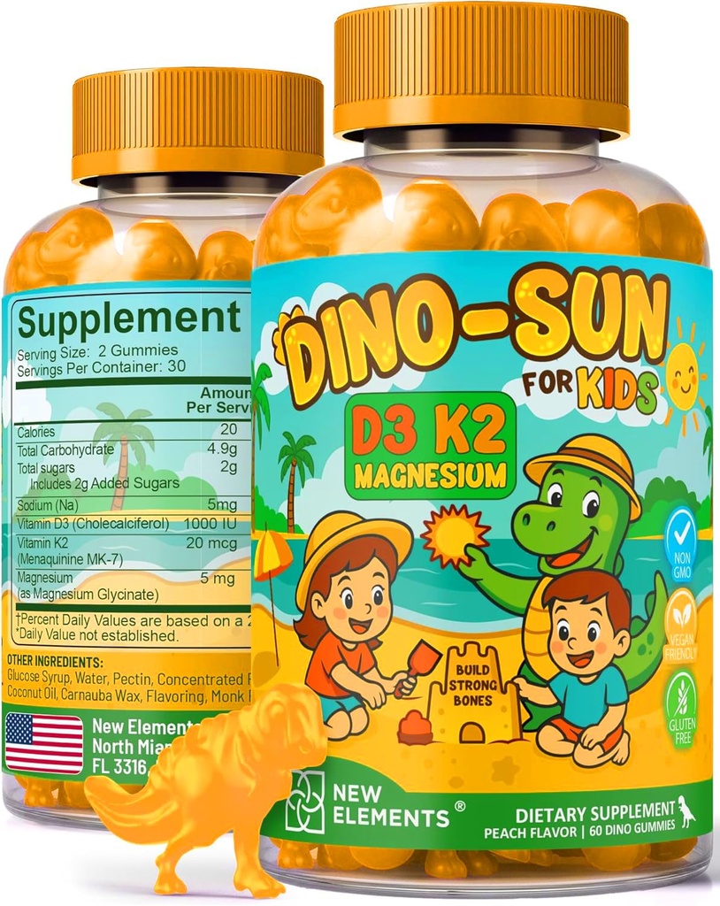 New Elements Kids Vitamin D3 K2 Gummies with Magnesium Glycinate | Strong Bones & Immune Health | Vitamin D3 1000 IU for Kids | Vitamin K2 for Kids 20mcg | Non-GMO, Gluten-Free