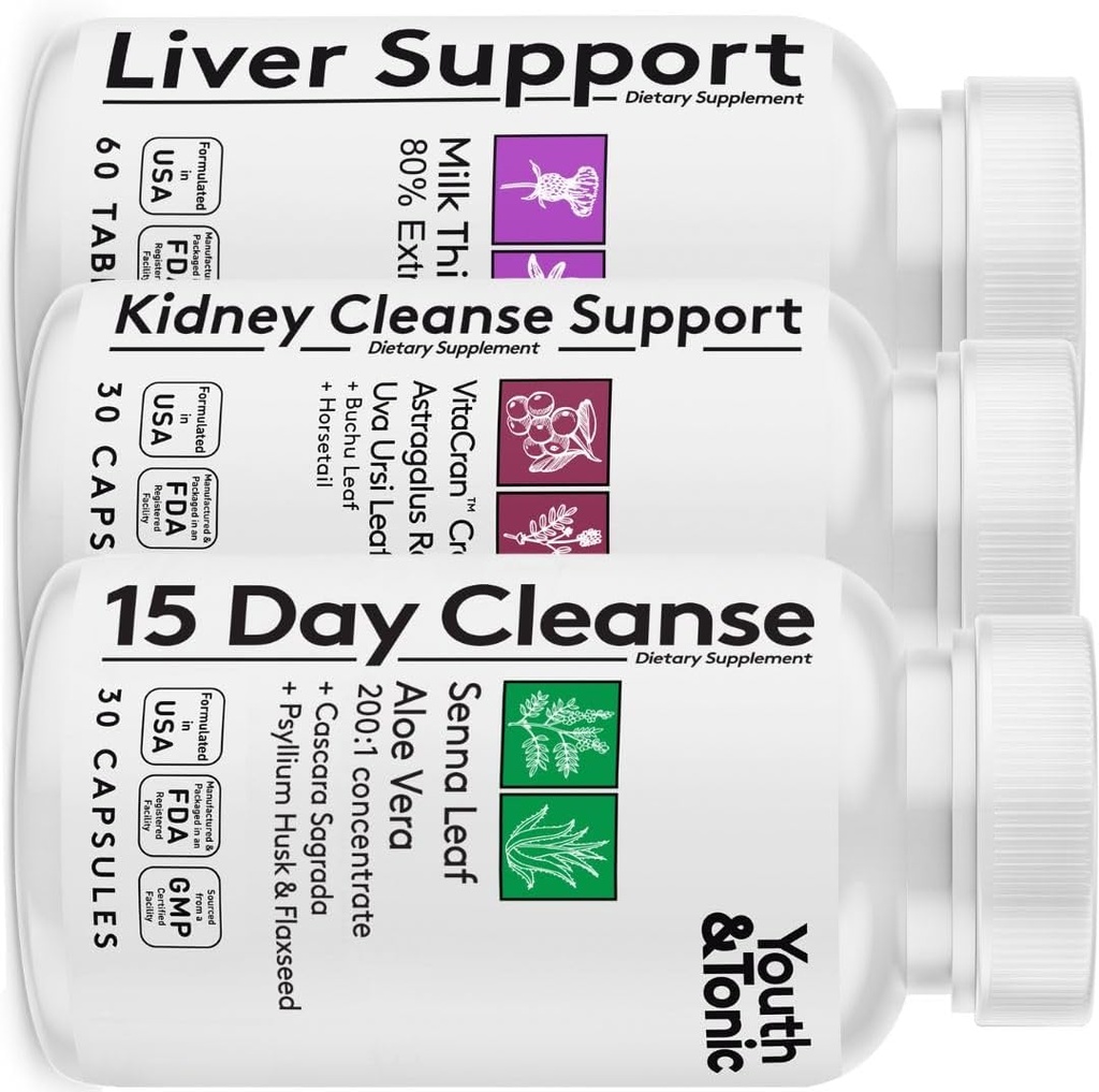 Youth & Tonic 3X Body Cleanse and Detox Pills for Women & Men with Liver, Kidney, Colon Συμπληρώματα για την υποστήριξη Υγιεινών Λειτουργιών και για την Απώλεια των Αθέλητων Προσμείξεων και Μεταβολικών Αποβλήτων. 120 Καψάκια