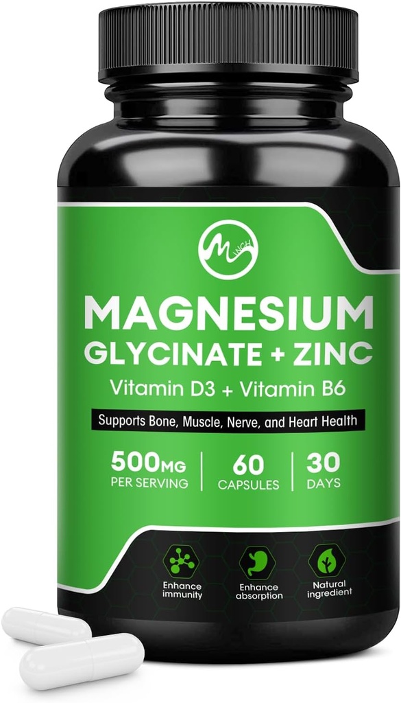 Magnesium Glycinate Capsules, Magnesium Glycinate Supplement with Zinc, Vitamin D3 & B6 - Promotes Nerve, Bowel, Relaxation Function - 60 Vegan Capsules