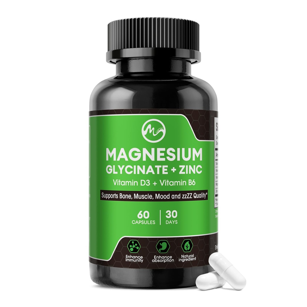 Magnezyum Glycinate Capsules, Çinko, Vitamin D3 & B6 ile Glycinate Supplement - Nerve, Bowel, Relaxation Function - 60 Vegan Capsules