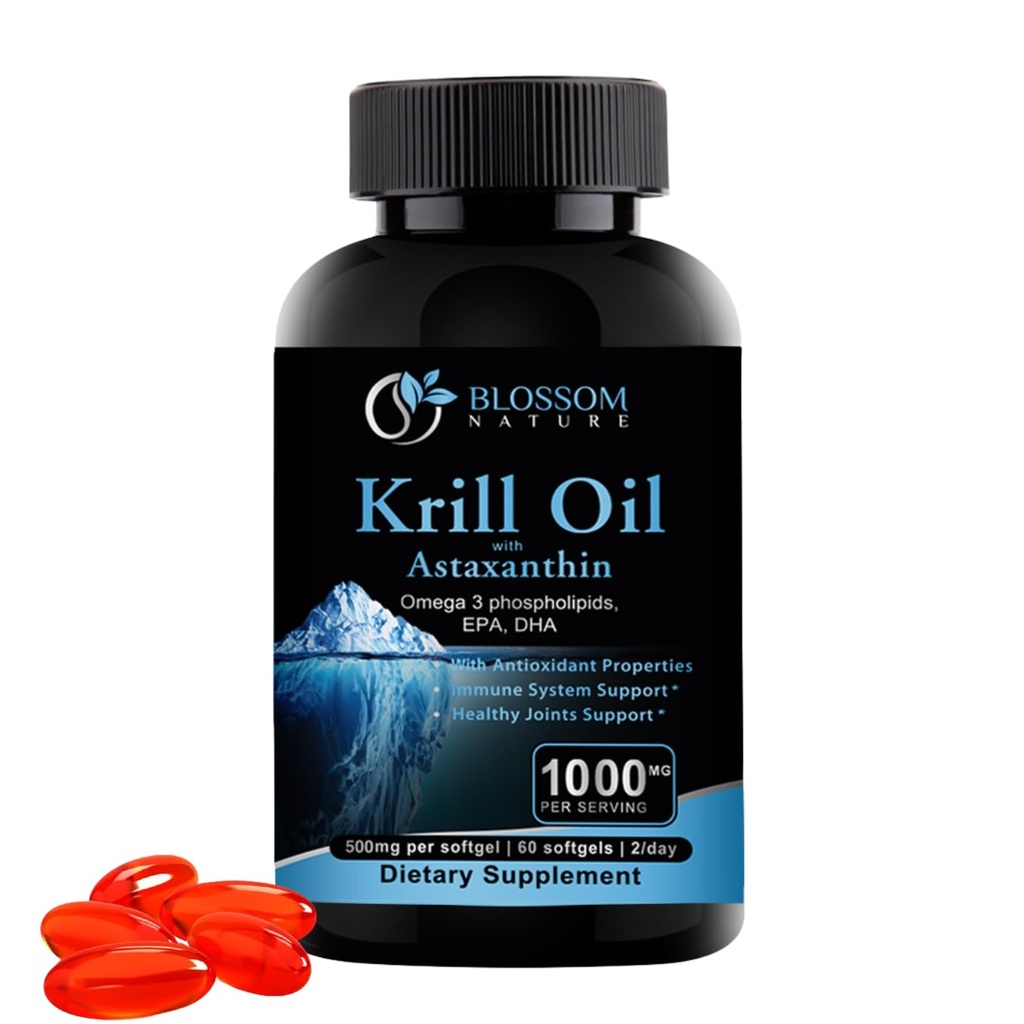 Antarktika Krill Oil 1000 mg Softgels with Astaxanthin - Omega-3 EPA & DHA Supplement for Heart, Brain, and Joint Health in Form of Phospholipids- 60 Vanilla-Flavored Softgels