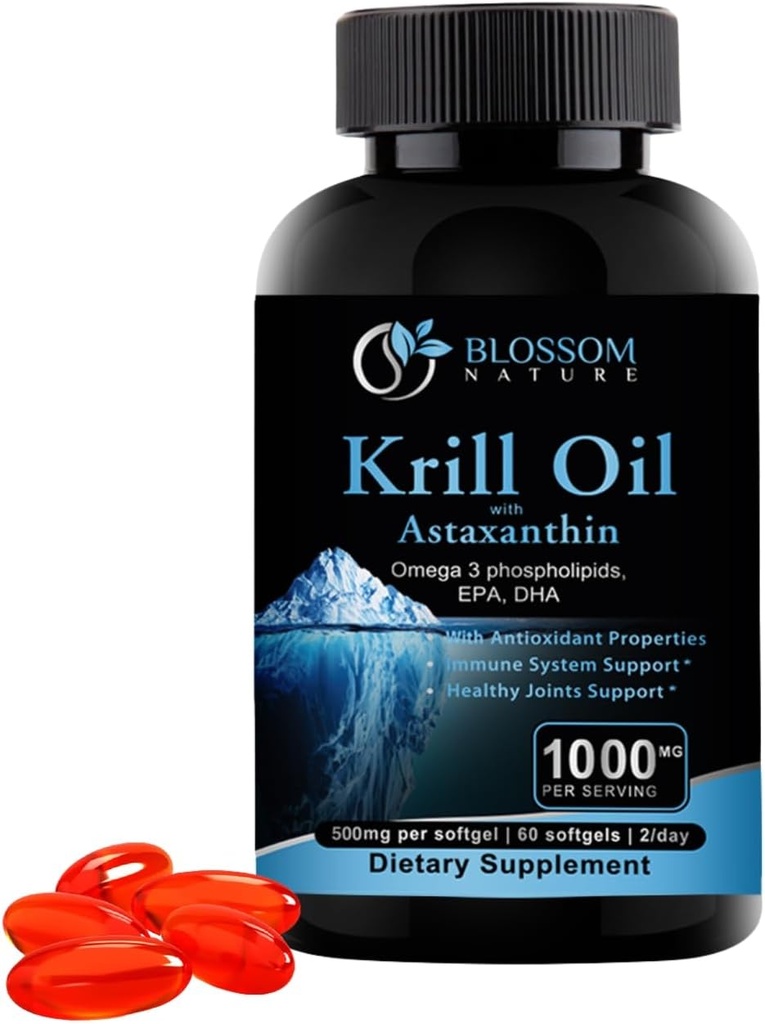 Antarktika Krill Oil 1000 mg Softgels with Astaxanthin - Omega-3 EPA & DHA Supplement for Heart, Brain, and Joint Health in Form of Phospholipids- 60 Vanilla-Flavored Softgels