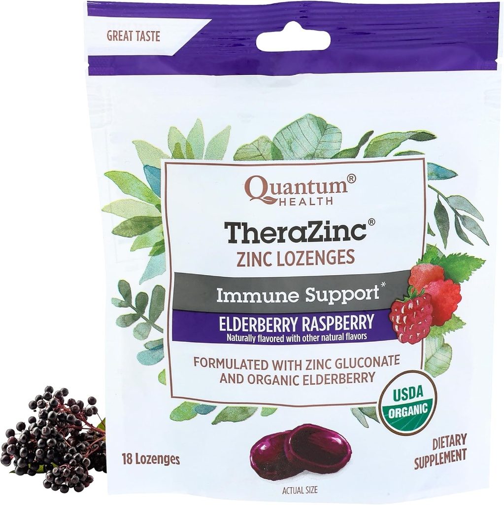 Κβαντική Υγεία TheraZinc Organic Zinc Lozenges Elderberry & Honey - Ανοσοποιητική Υποστήριξη για Ενήλικες & Παιδιά 12+ Φυσικά αρωματισμένο σμέουρο γρήγορη ανακούφιση με καμία επίγευση - 18 κόμης