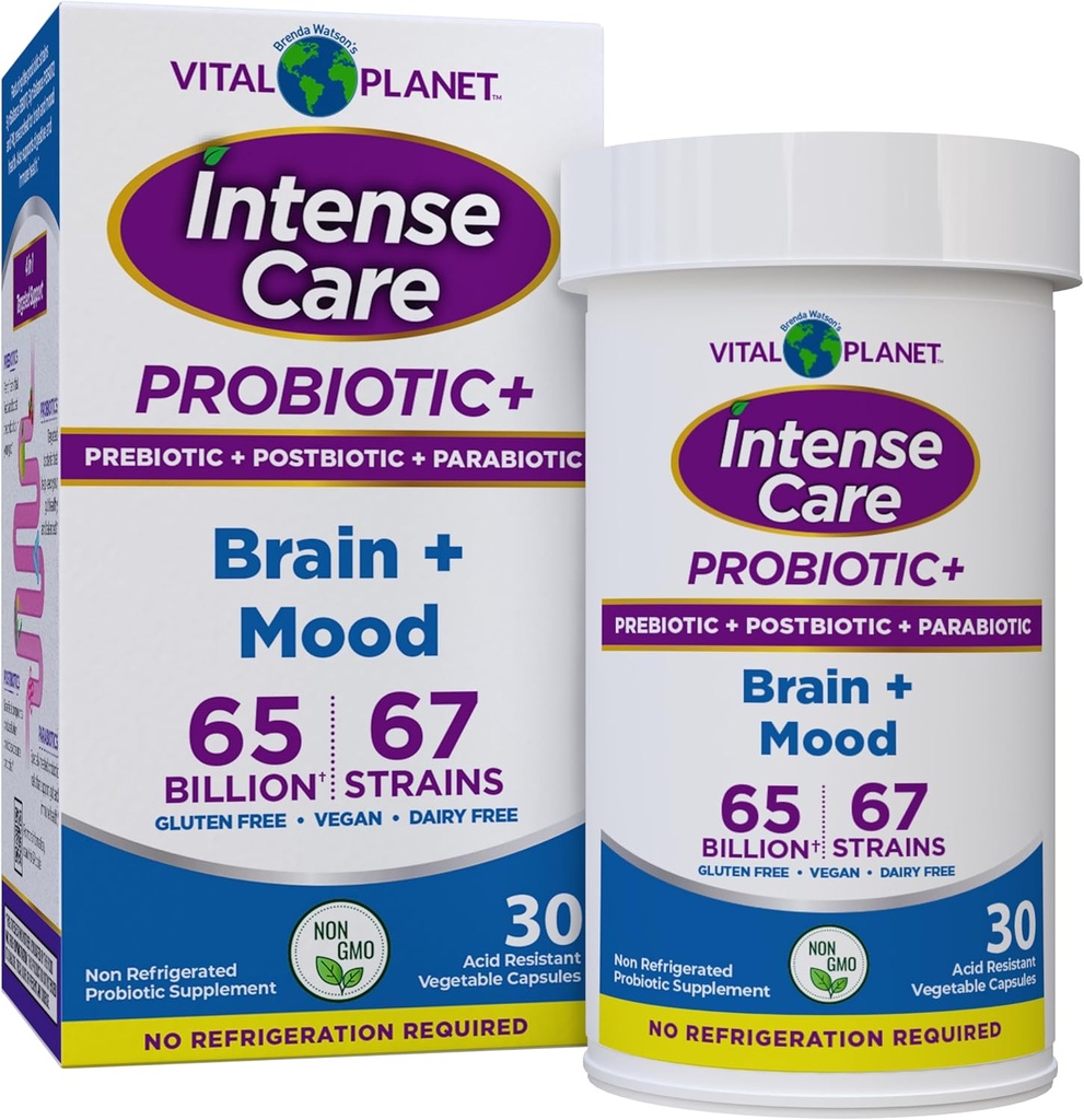 Vital Planet - Intense Care Brain & Mood Probiyotiks, Organic Prebiyotiks, Postbiyotikler, Parabiyotikler, 4-in-1 Health Supplement for Yetişkinler, 65 Milyar CFU, 67 Strains, Digestive and Immune 30 ct