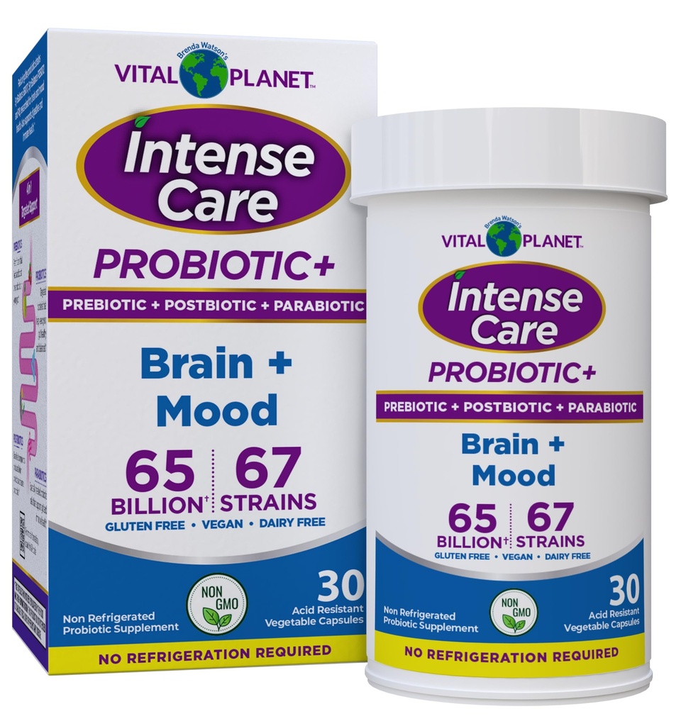Vital Planet - Intense Care Brain & Mood Probiyotiks, Organic Prebiyotiks, Postbiyotikler, Parabiyotikler, 4-in-1 Health Supplement for Yetişkinler, 65 Milyar CFU, 67 Strains, Digestive and Immune 30 ct