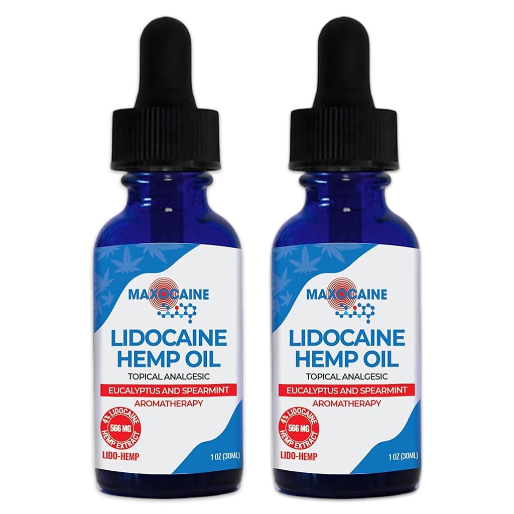 4% Lidocaine Hemp Oil - Maximum Strength Topical Pain Relief Fast Acting Soothing Oil for Muscle, Joint, Back & Arthritis Support, Cooling Eucalyptus & Spearmint, 2 oz (60ml)