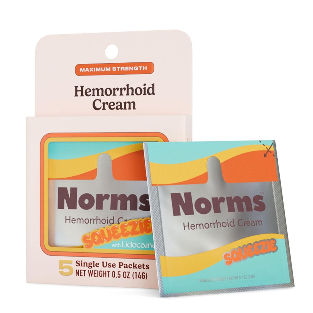 Norms Squeezies Lidocaine Hemorrhoid Cream, Discreet Single Use Travel Packets, 5% Lidocaine, Phenylephrine, Aloe and Glycerin – Numbing, Soothing & Swelling Relief On the Go, 5 Count