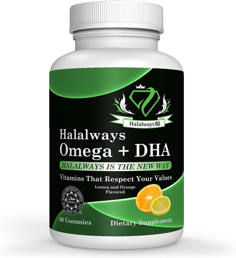 Halalways Omega + DHA Gummies - Triple Strength Omega 3 Fish Oil Gummy Vitamins with DHA Fatty Acids, Nature's Heart Health, Orange & Lemon Flavor sertifikalı Hell Supplement