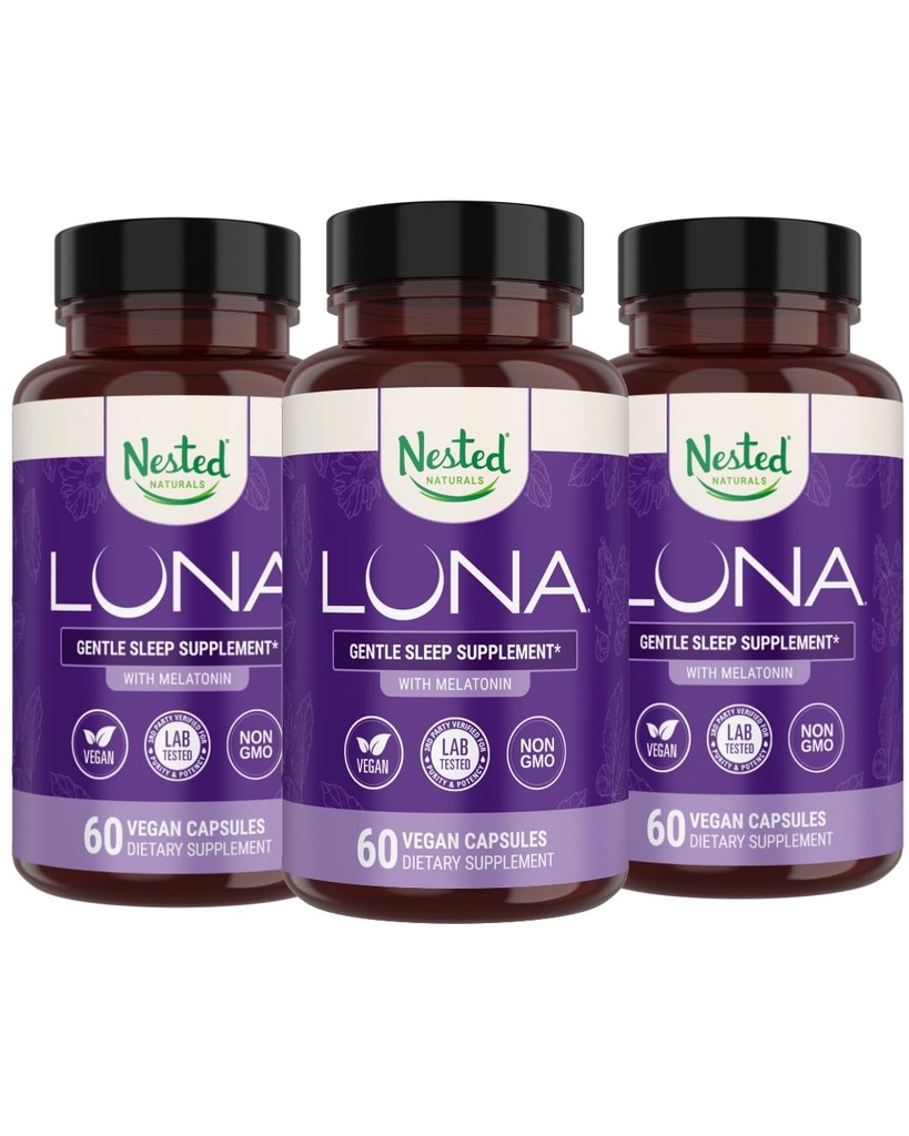 Nested Naturals Luna Herbal Sleep Supplement with Melatonin, Valerian Root, Chamomile | 180 Vegan Capsules (3-Pack) - 60 Capsules Per Şişe