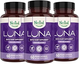 Nested Naturals Luna Herbal Sleep Supplement with Melatonin, Valerian Root, Chamomile | 180 Vegan Capsules (3-Pack) - 60 Capsules Per Şişe