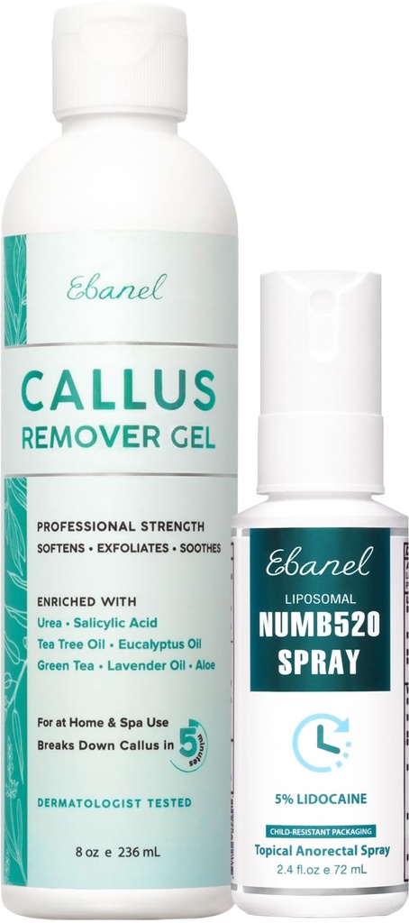 Ebanel Bundle of 5% Lidocaine Numbing Spray and Callus Remover Gel