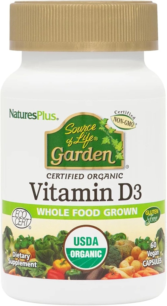 NaturesPlus Πηγή Ζωής Κήπος Βιταμίνη D3-60 Κάψουλες Vegan, Συσκευασία των 3 - Υποστήριξη ανοσοποιητικού συστήματος - Πιστοποιημένο οργανικό, μη ΓΤΟ, Χωρίς γλουτένη - 90 Σύνολο Σερβίρει