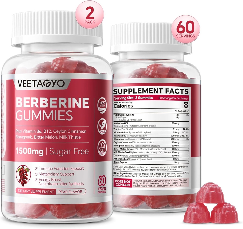 Berberine Supplement 1500 mg,Sugar Free Berberine with Ceylon Cinnamon Gummies,Chromium,Turmeric, Fenugreek for Natural Metabolism Balanced, Berberine HCl from Indian Barberry Extract, 120 Cts
