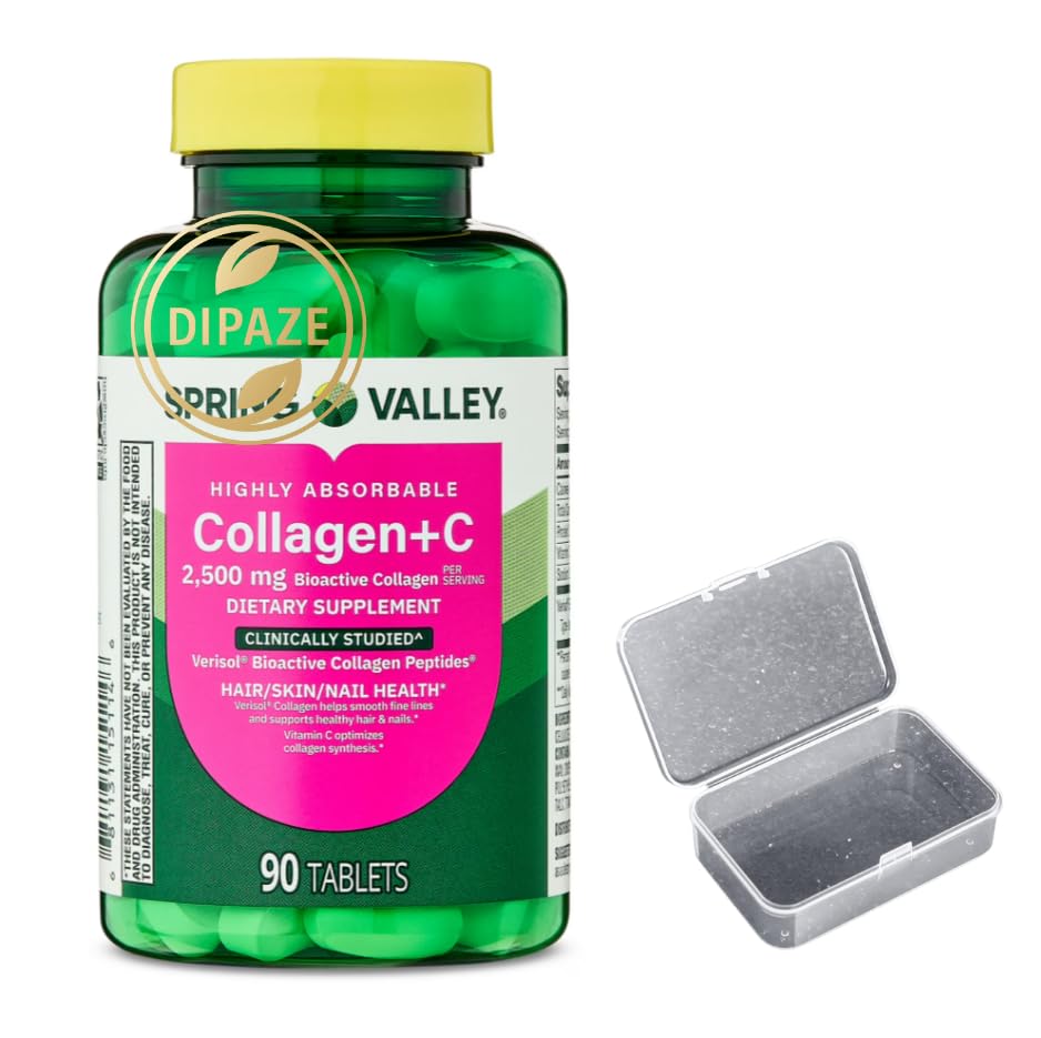 Spring Valley Collagen + C 2,500 mg Bioactive Collagen, 90 Count + Dipaze Gift (Container)