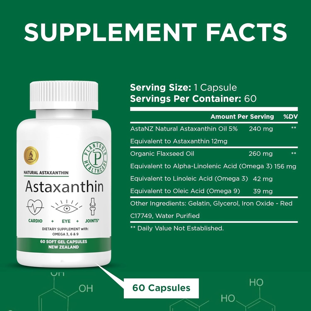 Yeni Zelanda - Mikroalgae Haematococcus Pluvialis'den 12 mg - 60 Soft Gels - GMO & Gluten Ücretsiz - Antioksit - Ortak Hareketlilik ve Post Egzersizi Destekler, Skin & Eye Health