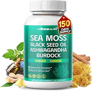 Sea Moss Supplement - 16-in-1 Natural Blend with Black Seed Oil Ashwagandha Burdock Bladderwrack Ginger Dandelion - 150 Count - Made & Tested in The USA