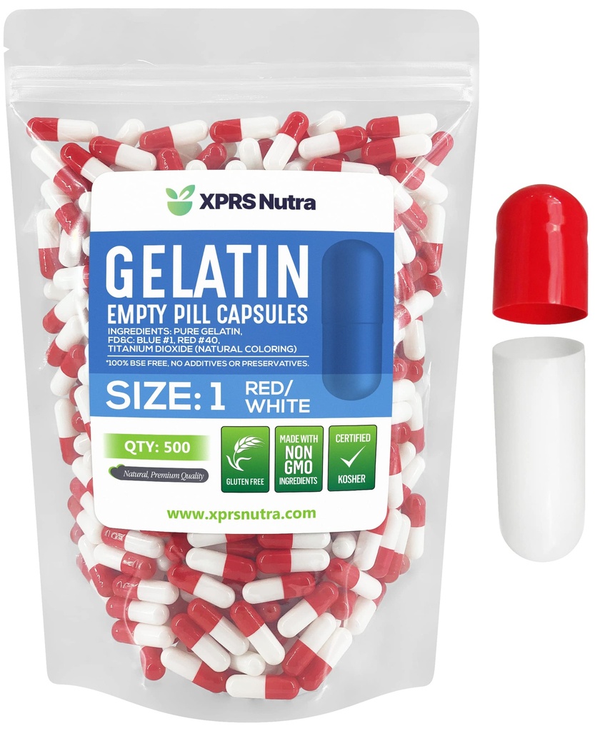 XPRS Nutra Size 1 Empty Capsules - 500 Count Empty Gelatin Capsules - Pill DIY Capsule Filling - Pure Bovine Pill Gel Caps for Do-It-Yourself Supplements (Red/White)