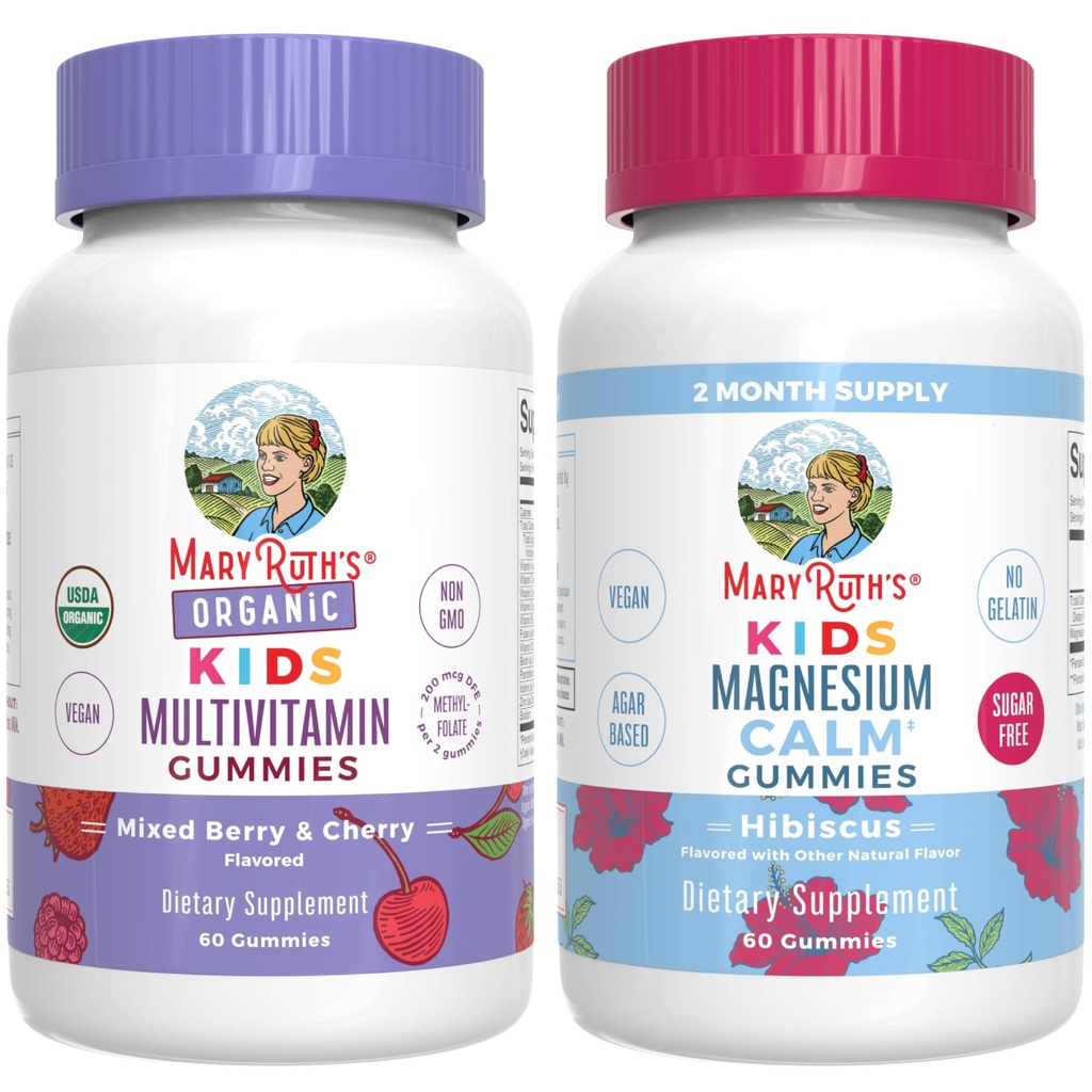 MaryRuth's Gummies for Kids-USDA Organic Multivitamin (Mixed Berry & Cherry), & Magnezyum Calm (Hibiscus) | No Gelatin! | Vitamins for Immunity, Gut Health, & General Wellness | Vegan, Non-GMO