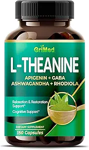 GriMed L-Theanine 11,900 mg- X10 Power with Apigenin, GABA Ashwagandha, Rhodiola - Rahatlama ve Restorasyon Focus ve Memory - Made in USA (150 Count)
