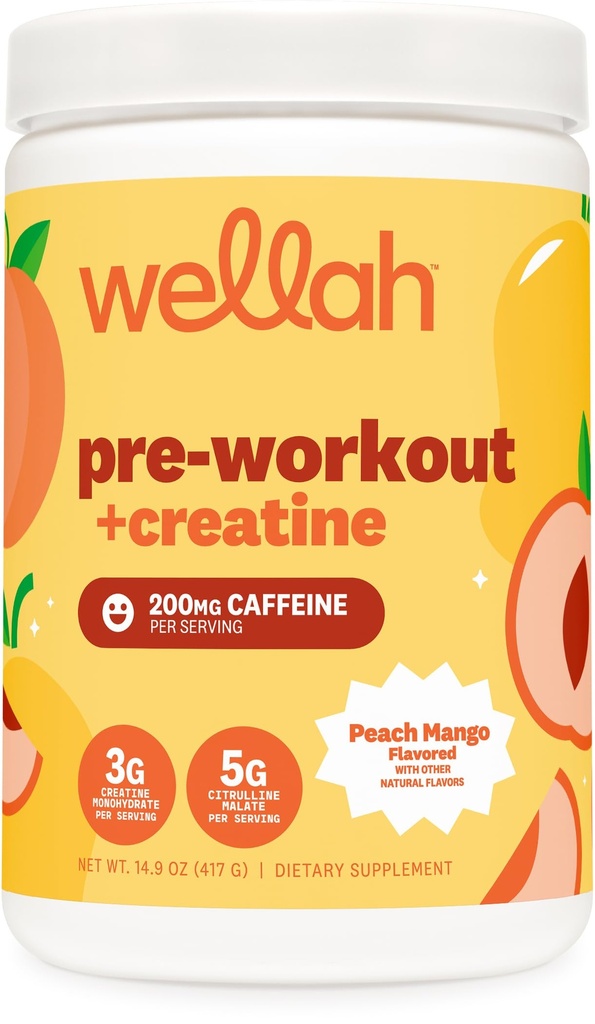 Wellah Pre-Workout + Creatine Powder (30 Servings) Peach Mango - 200mg Caffeine, 3g Creatine Monohydrate, 5g Citrulline Malate, Pre-Workout with Creatine Supplement
