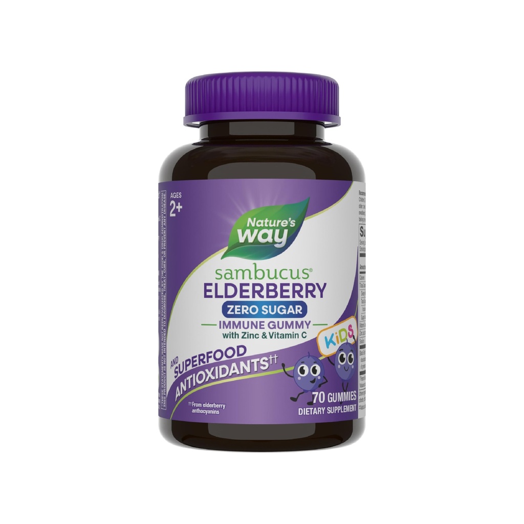 Nature's Way Sambucus Zero Sugar Elderberry Immune Gummies for Kids, Immune Support*, with Vitamin C, Zinc, Black Elderberry Extract, 70 Count (Packaging May Vary)